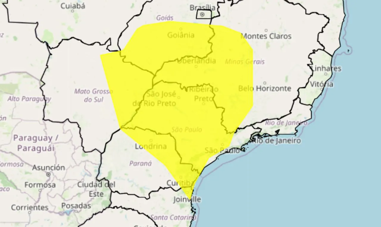 o mapa mostra &agrave;s &aacute;reas em alerta amarelo para tempestade